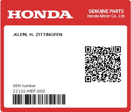 Product image: Honda - 22102-MEF-000 - .KLEM, H. ZITTINGPEN  0