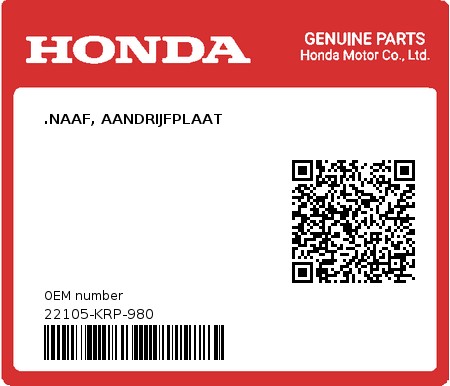 Product image: Honda - 22105-KRP-980 - .NAAF, AANDRIJFPLAAT  0