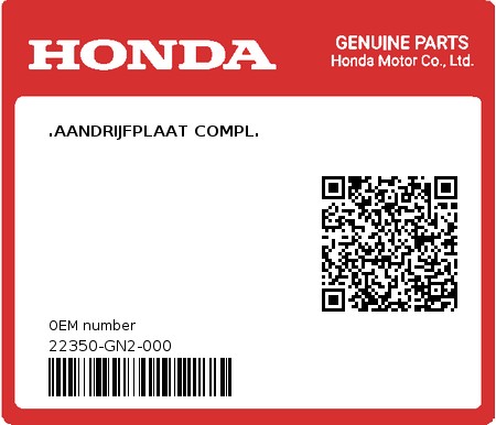 Product image: Honda - 22350-GN2-000 - .AANDRIJFPLAAT COMPL. 