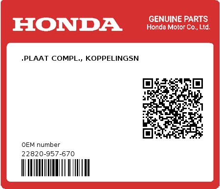 Product image: Honda - 22820-957-670 - .PLAAT COMPL., KOPPELINGSN  0