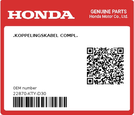 Product image: Honda - 22870-KTY-D30 - .KOPPELINGSKABEL COMPL.  0