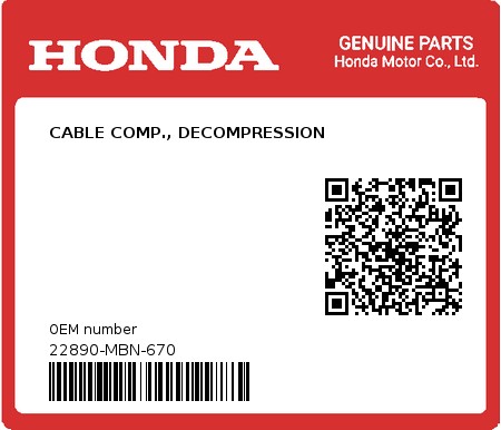 Product image: Honda - 22890-MBN-670 - CABLE COMP., DECOMPRESSION  0