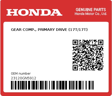 Product image: Honda - 23120GN5912 - GEAR COMP., PRIMARY DRIVE (17T/17T) 