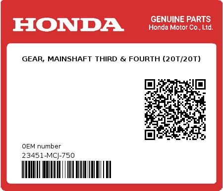 Product image: Honda - 23451-MCJ-750 - GEAR, MAINSHAFT THIRD & FOURTH (20T/20T) 