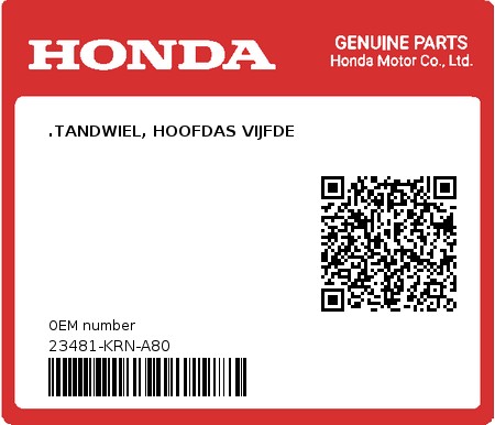 Product image: Honda - 23481-KRN-A80 - .TANDWIEL, HOOFDAS VIJFDE 