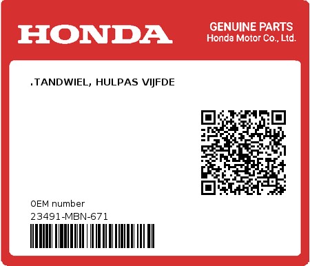 Product image: Honda - 23491-MBN-671 - .TANDWIEL, HULPAS VIJFDE 