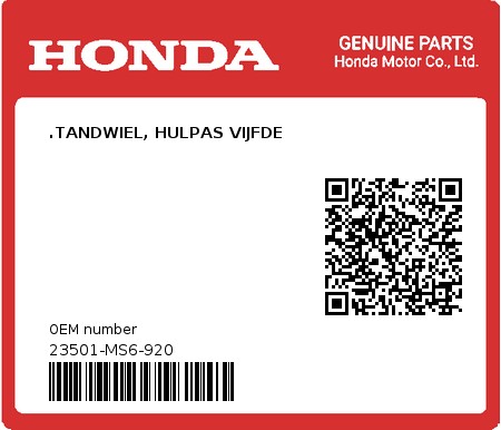 Product image: Honda - 23501-MS6-920 - .TANDWIEL, HULPAS VIJFDE 