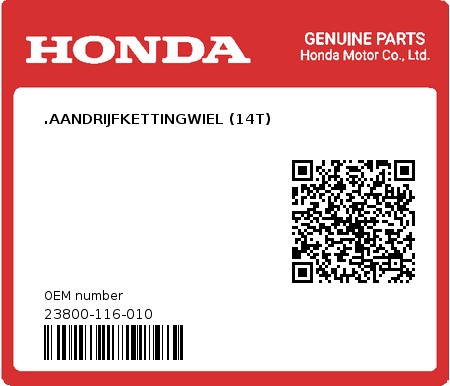 Product image: Honda - 23800-116-010 - .AANDRIJFKETTINGWIEL (14T)  0