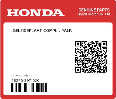 Product image: Honda - 28270-397-020 - .GELEIDEPLAAT COMPL., PALR  0