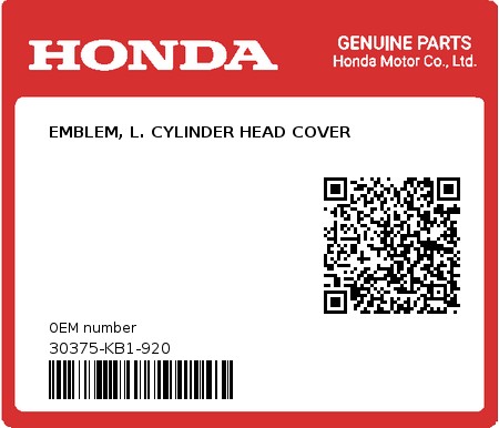 Product image: Honda - 30375-KB1-920 - EMBLEM, L. CYLINDER HEAD COVER  0