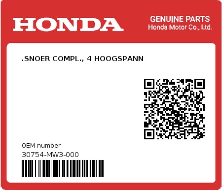 Product image: Honda - 30754-MW3-000 - .SNOER COMPL., 4 HOOGSPANN 