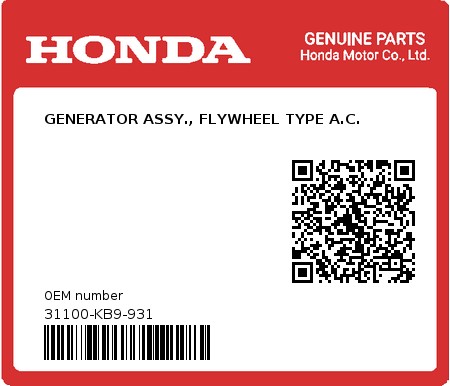 Product image: Honda - 31100-KB9-931 - GENERATOR ASSY., FLYWHEEL TYPE A.C.  0