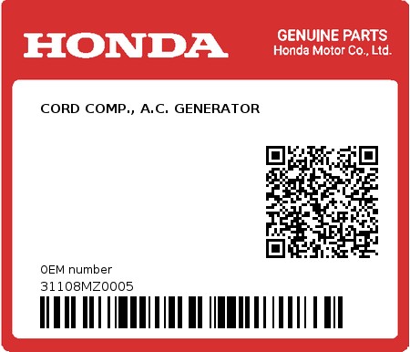 Product image: Honda - 31108MZ0005 - CORD COMP., A.C. GENERATOR  0
