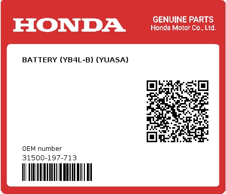 Product image: Honda - 31500-197-713 - BATTERY (YB4L-B) (YUASA) 