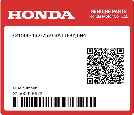 Product image: Honda - 31500428672 - (31500-437-752) BATTERY,6N4  0
