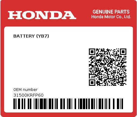 Product image: Honda - 31500KRFP60 - BATTERY (YB7) 