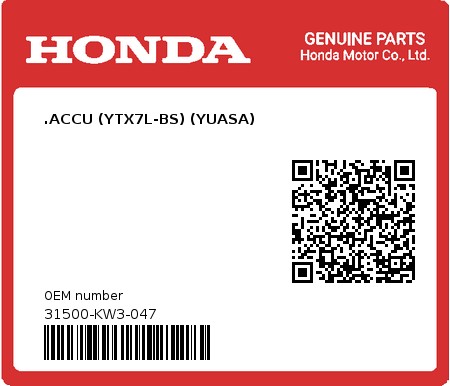 Product image: Honda - 31500-KW3-047 - .ACCU (YTX7L-BS) (YUASA)  0