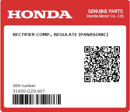 Product image: Honda - 31600-GZ0-007 - RECTIFIER COMP., REGULATE (PANASONIC) 