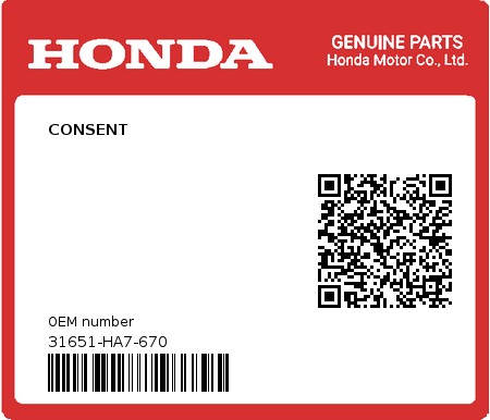 Product image: Honda - 31651-HA7-670 - CONSENT 