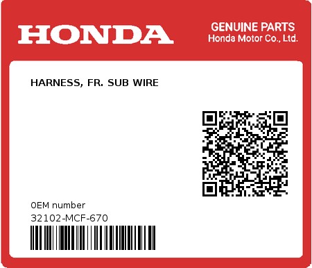 Product image: Honda - 32102-MCF-670 - HARNESS, FR. SUB WIRE 