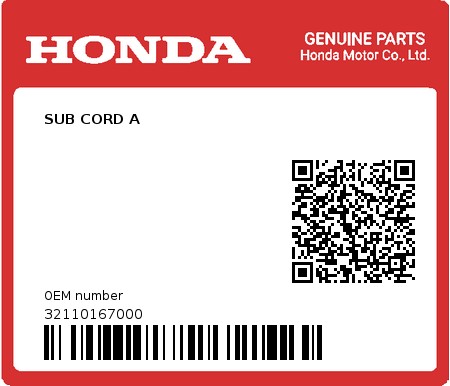 Product image: Honda - 32110167000 - SUB CORD A 