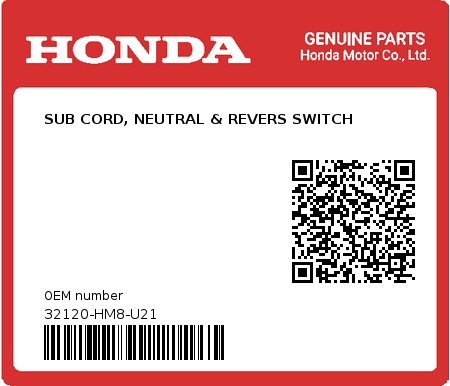 Product image: Honda - 32120-HM8-U21 - SUB CORD, NEUTRAL & REVERS SWITCH 