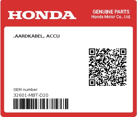 Product image: Honda - 32601-MBT-D20 - .AARDKABEL, ACCU  0