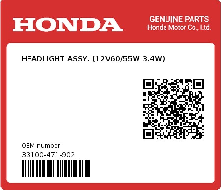 Product image: Honda - 33100-471-902 - HEADLIGHT ASSY. (12V60/55W 3.4W) 