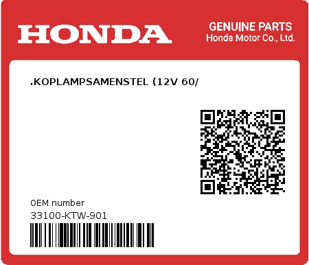 Product image: Honda - 33100-KTW-901 - .KOPLAMPSAMENSTEL (12V 60/ 