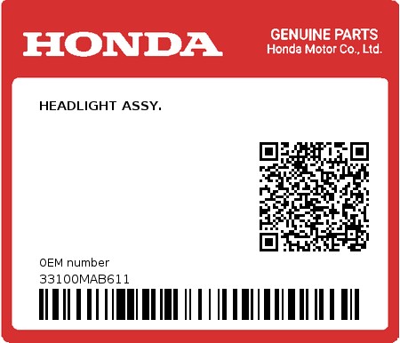 Product image: Honda - 33100MAB611 - HEADLIGHT ASSY.  0