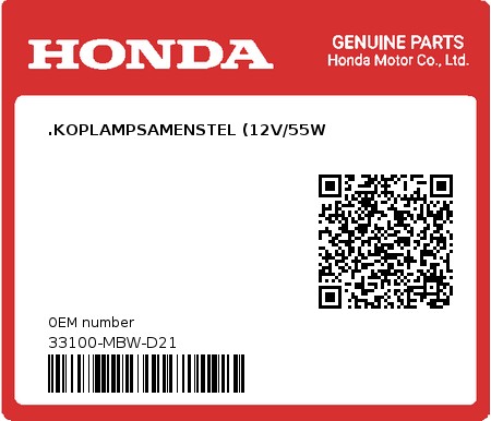 Product image: Honda - 33100-MBW-D21 - .KOPLAMPSAMENSTEL (12V/55W  0