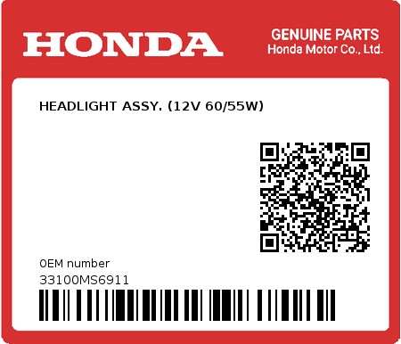 Product image: Honda - 33100MS6911 - HEADLIGHT ASSY. (12V 60/55W)  0