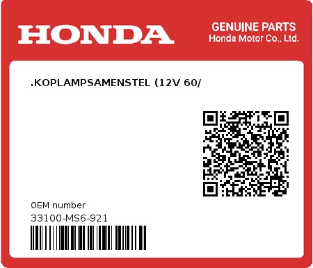 Product image: Honda - 33100-MS6-921 - .KOPLAMPSAMENSTEL (12V 60/ 