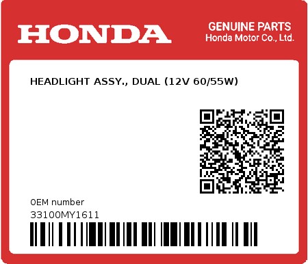 Product image: Honda - 33100MY1611 - HEADLIGHT ASSY., DUAL (12V 60/55W)  0