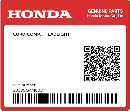 Product image: Honda - 33105GAM003 - CORD COMP., HEADLIGHT  0