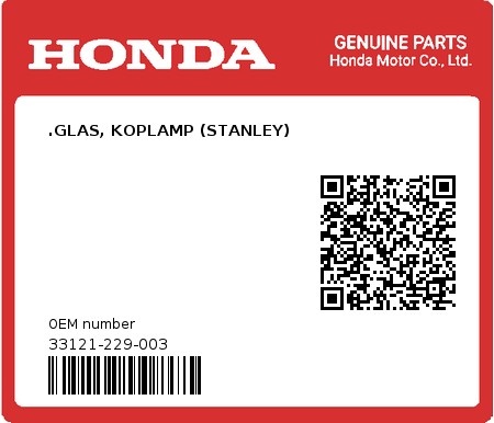 Product image: Honda - 33121-229-003 - .GLAS, KOPLAMP (STANLEY)  0