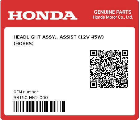 Product image: Honda - 33150-HN2-000 - HEADLIGHT ASSY., ASSIST (12V 45W) (HOBBS) 