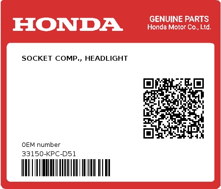 Product image: Honda - 33150-KPC-D51 - SOCKET COMP., HEADLIGHT  0