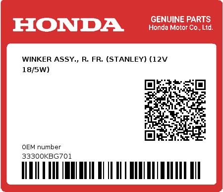 Product image: Honda - 33300KBG701 - WINKER ASSY., R. FR. (STANLEY) (12V 18/5W)  0