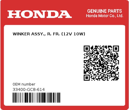 Product image: Honda - 33400-GC8-614 - WINKER ASSY., R. FR. (12V 10W)  0