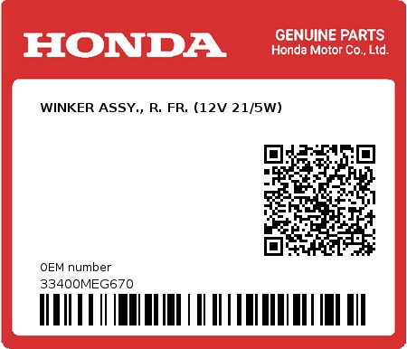 Product image: Honda - 33400MEG670 - WINKER ASSY., R. FR. (12V 21/5W)  0