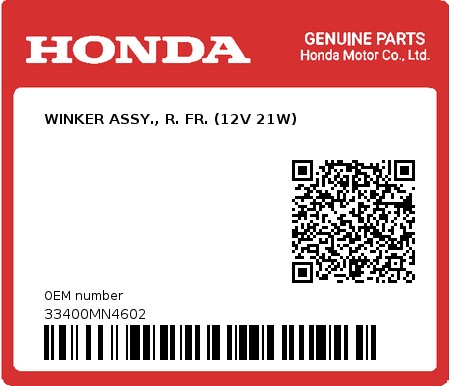 Product image: Honda - 33400MN4602 - WINKER ASSY., R. FR. (12V 21W)  0