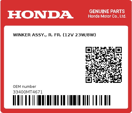 Product image: Honda - 33400MT4671 - WINKER ASSY., R. FR. (12V 23W/8W)  0
