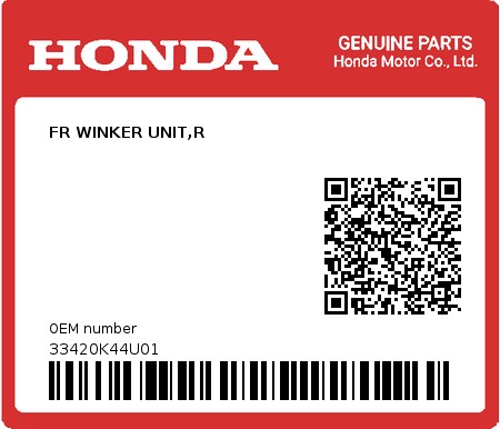Product image: Honda - 33420K44U01 - FR WINKER UNIT,R  0