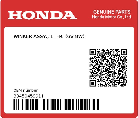 Product image: Honda - 33450459911 - WINKER ASSY., L. FR. (6V 8W)  0