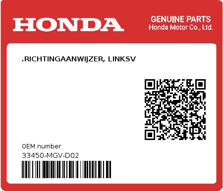 Product image: Honda - 33450-MGV-D02 - .RICHTINGAANWIJZER, LINKSV  0