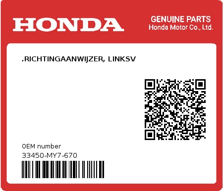 Product image: Honda - 33450-MY7-670 - .RICHTINGAANWIJZER, LINKSV 