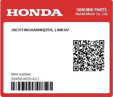Product image: Honda - 33450-MZ0-611 - .RICHTINGAANWIJZER, LINKSV  0