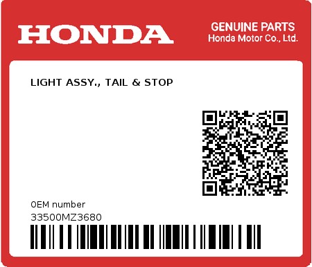 Product image: Honda - 33500MZ3680 - LIGHT ASSY., TAIL & STOP  0