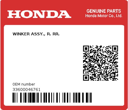 Product image: Honda - 33600046761 - WINKER ASSY., R. RR.  0